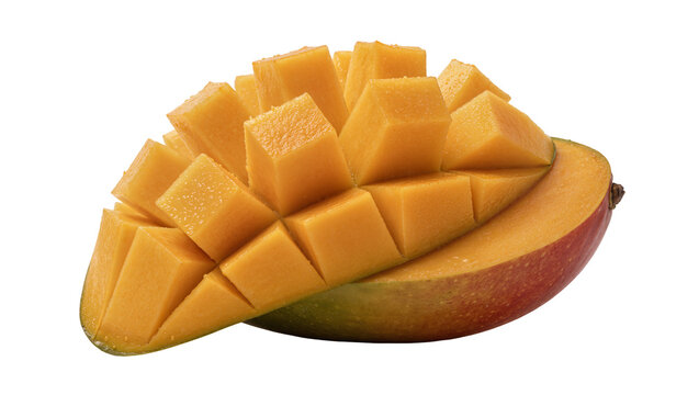 Freshly cut ripe mango fruit with diced cubes, isolated on transparent background