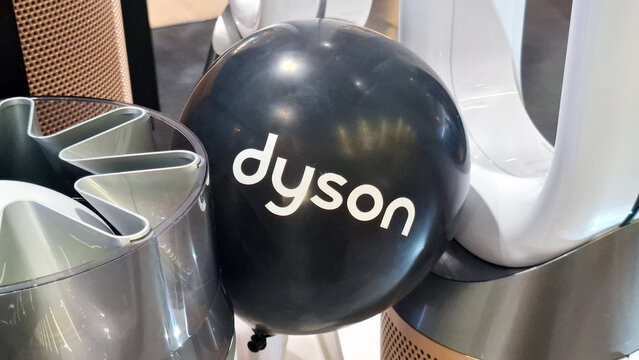 Dyson branded balloon displayed among high tech air purifier and bladeless fan home appliances in retail store on September 23, 2026 in Bangkok, Thailand 