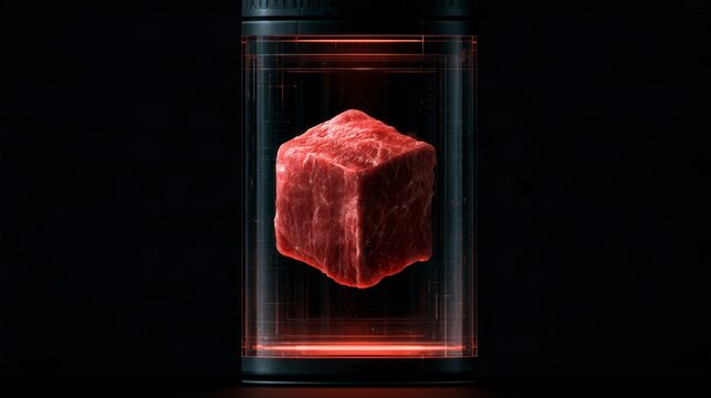 Lab-Grown Cultured Meat Cube Suspended in Futuristic Scientific Glass Incubation Chamber