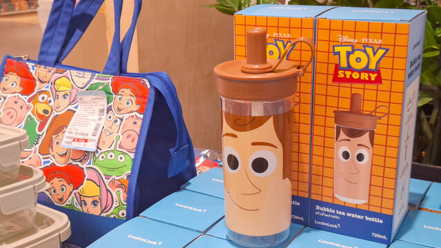 LocknLock Disney Pixar Toy Story Woody character water bottle displayed with matching tote bag in retail store on September 23, 2026 in Bangkok, Thailand 