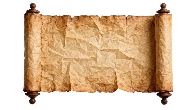 Antique parchment scroll with wooden rollers, isolated on transparent background