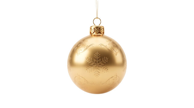 Gold Christmas bauble ornament hanging against a clean isolated white background showcasing seasonal holiday decor and festive winter celebration concepts
