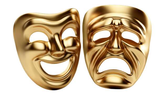 Golden comedy and tragedy theater masks, isolated on transparent background