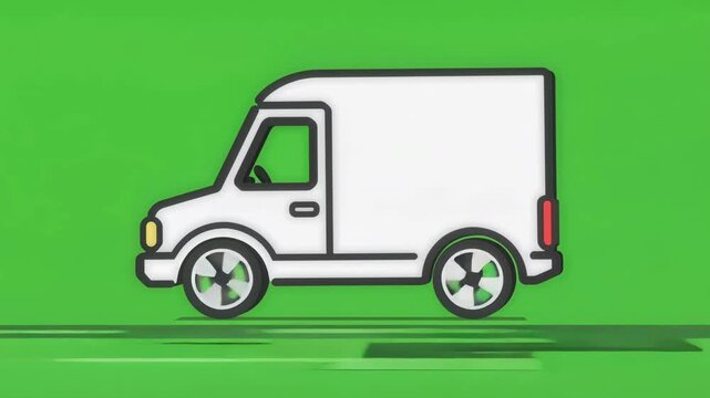 White delivery van driving quickly across a bright green screen in this animated motion video clip