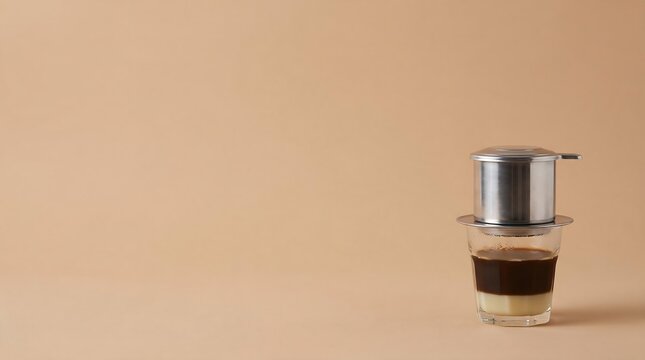 Traditional Vietnamese drip coffee with condensed milk in glass and phin filter on beige background