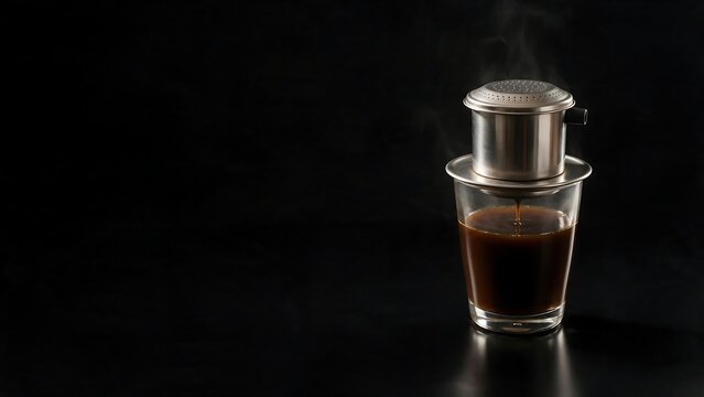 Vietnamese drip coffee with metal phin filter maker on glass with hot steam against dark background