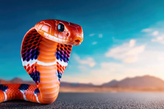 An orange cobra is perched, its hood flared in warning, this snake appears menacing against a serene desert landscape