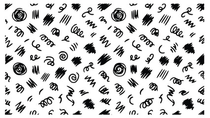 Fototapeta premium Hand drawn doodle vector illustration featuring abstract black ink patterns, sketchy lines, spirals, and organic shapes on white