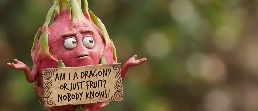 A whimsical 3d rendered dragon fruit character holding a wooden sign with a funny existential question about its identity