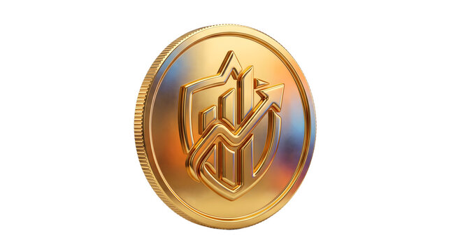Golden coin featuring abstract shield symbol and geometric relief design isolated against clean white background for financial concepts