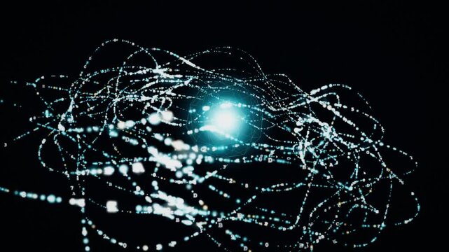 Futuristic digital data stream network with glowing nodes and sphere