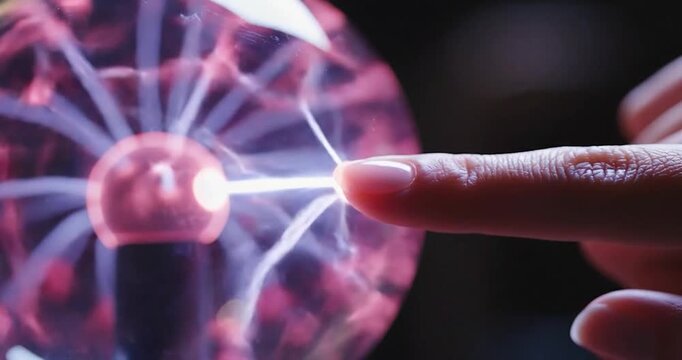 Person touching a glowing plasma ball sphere with their fingertip