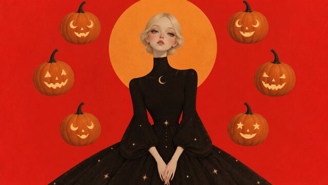 Stylized Halloween portrait of a woman in a black dress surrounded by floating jack-o'-lantern pumpkins and an orange moon on a red background, ideal for posters, banners, cards and seasonal ads.