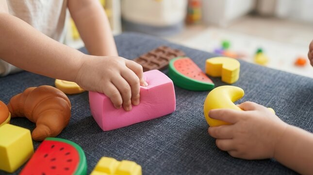 Vibrant squishy toys and foam food pieces for kids early learning activity and playroom background.