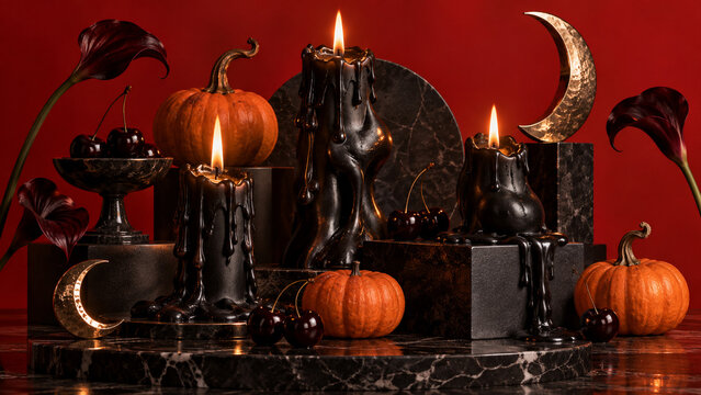 Dark Halloween still life with black candles, pumpkins and glowing flames before a giant orange moon, ideal for seasonal posters, banners, invitations, advertising and social media.
