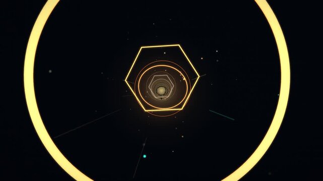 Abstract endless tunnel flight with glowing neon geometric rings