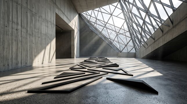 Minimalist concrete architectural space with geometric skylight and dramatic shadows on the floor