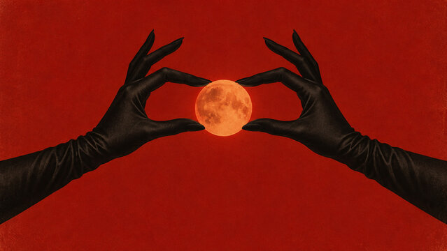 Surreal Halloween illustration with elegant black-gloved hands framing a glowing orange moon on a red background, ideal for posters, banners, cards and seasonal advertising.