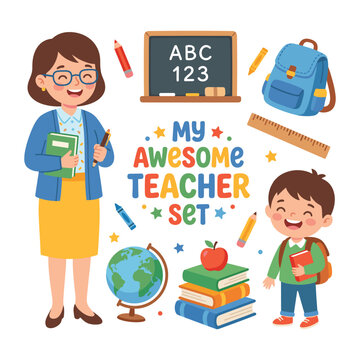Cheerful School Teacher And Student Classroom Education Set