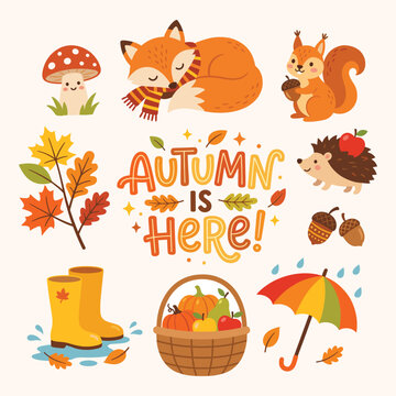 Cozy Autumn Forest Animals And Fall Leaves Elements