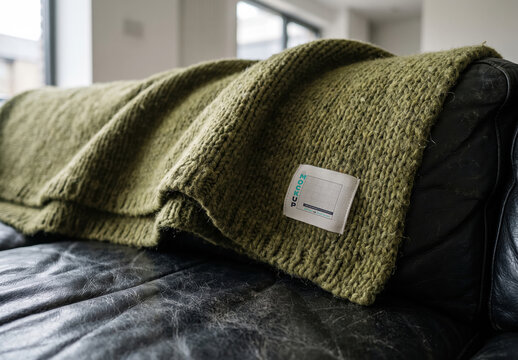 Wool blanket on Leather Sofa Label Branding Mockup