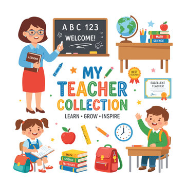 Happy Classroom Education Elements With Teacher And Kids