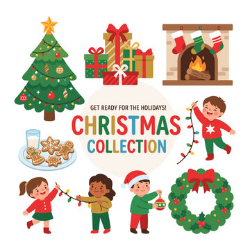 Joyful Children Celebrating Christmas Holiday And Opening Gifts
