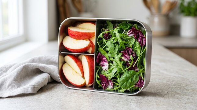 Steel lunch box filled with raw vegetarian food for a balanced diet and school or office lunch.