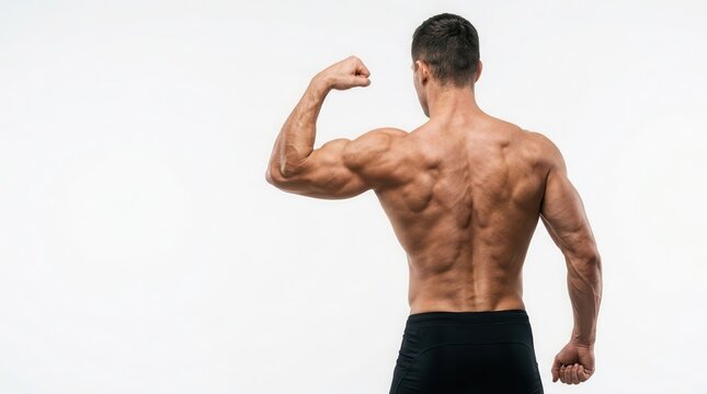 Muscular man flexing his back and bicep from a rear view perspective.
