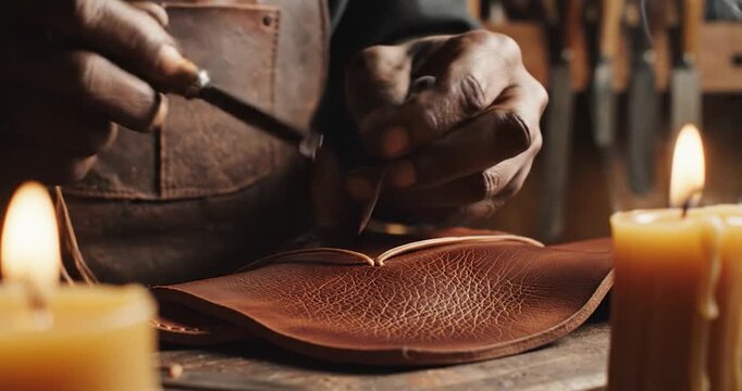Skilled Artisan Stitching Brown Leather with Hand Tools by Candlelight