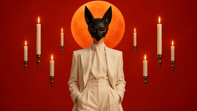 Surreal Halloween portrait of a black cat-headed figure in a cream suit with floating candles and an orange moon, ideal for posters, banners, cards and seasonal advertising.