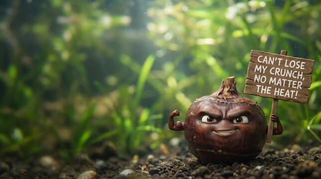 A funny cartoon water chestnut character flexing its muscles and holding a wooden sign with the text cant lose my crunch