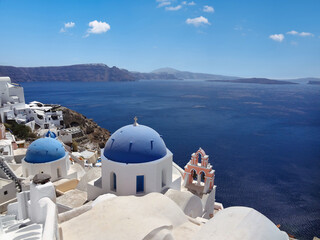 Santorini Greece Blue Dome Church and Aegean Sea View © KANGWEN
