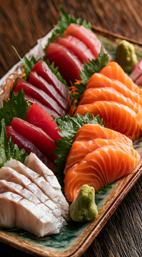Assorted sashimi platter with fresh tuna, salmon, white fish slices. Raw seafood is served on a ceramic plate with green shiso leaves, wasabi, and radish. This Japanese cuisine meal is prepared in the