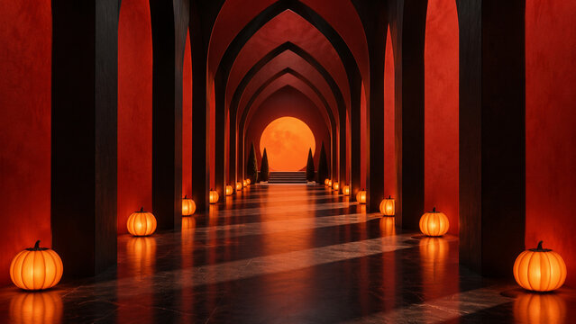 Mysterious gothic corridor with pointed arches, glowing candles and an orange moon portal, ideal for Halloween posters, fantasy backgrounds, banners and seasonal designs.