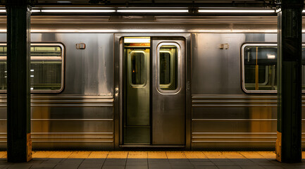 Naklejka na ściany i meble An open doorway on a New York City subway train at a station.