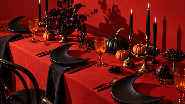 Elegant Halloween table setting with red tablecloth, black plates, candles, pumpkins and dark floral decor, ideal for party invitations, seasonal advertising, banners and event designs.