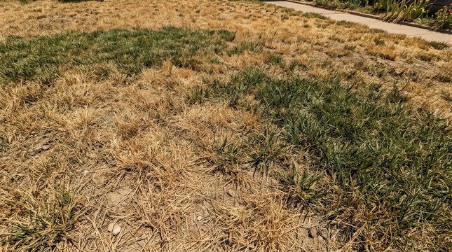 High angle view of a lawn with brown dead grass due to summer heatwave and drought.