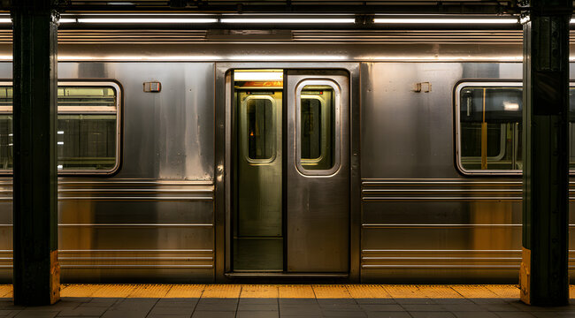 An open doorway on a New York City subway train at a station.