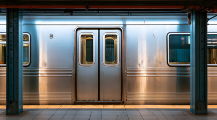 Fototapeta premium At a subway station in New York City, a door remains open on one side of a train.