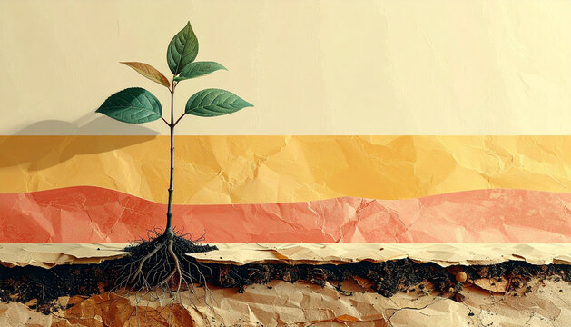 Young green plant in side view with visible roots and soil in surreal minimalist design with quiet natural growing mood generative AI