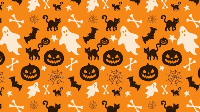 Seamless Halloween Pattern Background Loop with Pumpkins, Ghosts, Bats and Black Cats