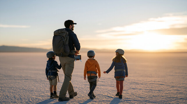 An adventure guide leads a family unit across a sun bleached empty salt flat, children and parents wearing matching harnesses and helmets while the guide holds up a gamified quiz