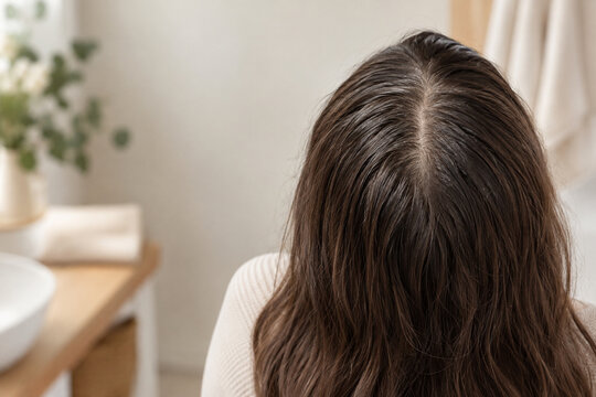 Oily scalp and greasy hair roots with clean copy space