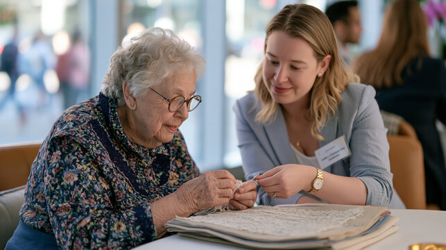 Elderly lacemaker demonstrating antique bobbin technique to a thirty something professional at a downtown networking mixer, urban foot traffic blurring behind tall windows, two