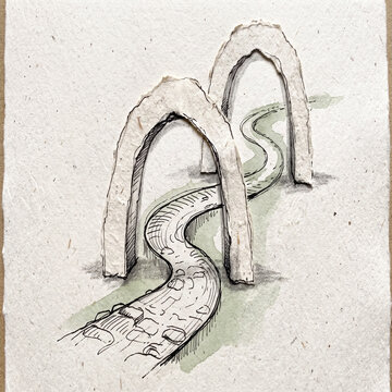 Watercolor sketch of a winding path passing through two stone arches on textured paper