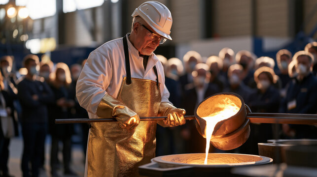 Elderly sculptor pouring molten bronze into sand cast mold surrounded by crowded foundry workers observing automation machinery, sculpture casting profession, industrial art,