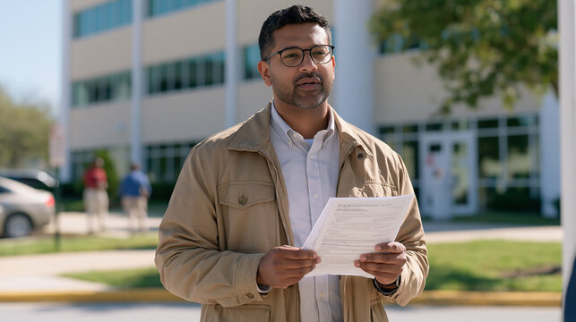 An actuarial scientist stands under harsh midday sun outside a regional office building holding two printed risk models side by side, showing a clear before and after comparison
