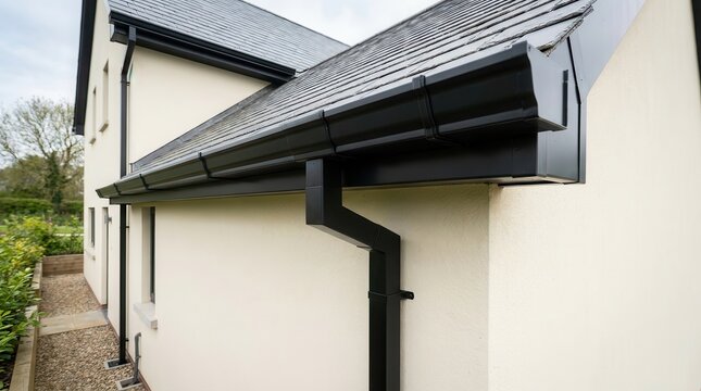 New black roof guttering system and downpipe on a home with slate tiles.