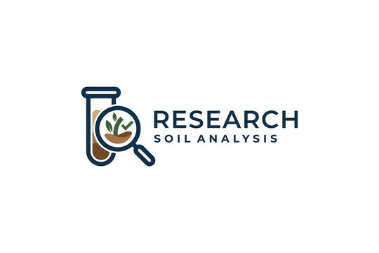 Research analysis logo with laboratory flask and magnifying glass